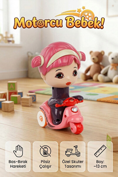 craftivio Bas Bırak Motorcu Bebek Oyuncak - Pilsiz Bas Git Scooter Araba - 13 cm