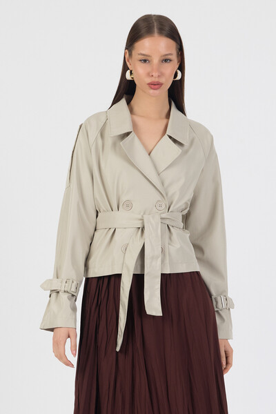 ABOUT US Double-Breasted Relaxed Fit Lined Short Trench Coat with Closed Belt...