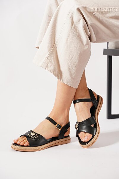 Moda Pie Kulen Yan Open U Buckled Women's Sandals Black Skin