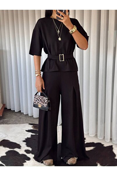 SUN STYLE Γυναικείο Σετ Βαμβάκι τεμαχίων με Ζώνη αξεσουάρ, Μπλούζα και Παντελόνι