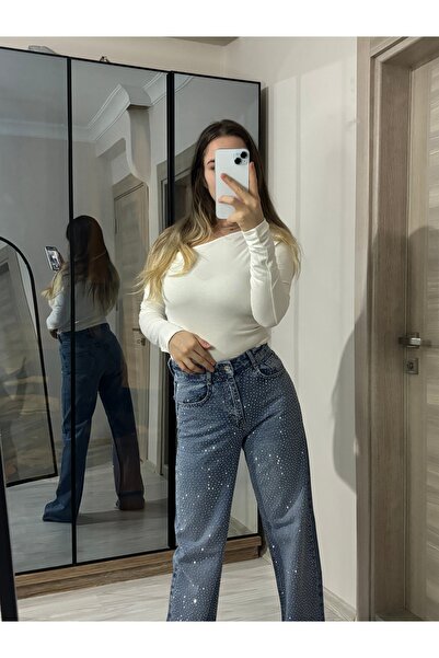 ELA Ön Full Taşlı Wide Leg Koyu Kar Yıkama Pantolon
