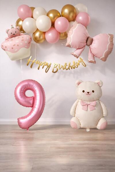 Patladı Gitti مجموعة عيد ميلاد للفتيات الصغيرات بتصميم دب تيدي بعمر 9 سنوات ع...