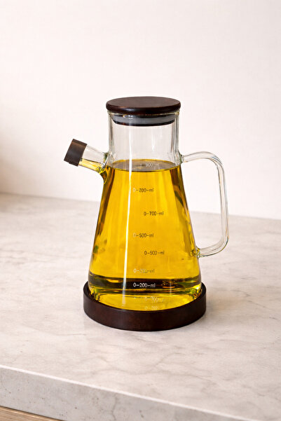 MİS KİTCHEN 900 ml Measured Glass Oil Pot with Acacia Lid – Olive Oil Vinegar...
