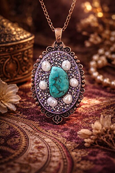 PORSE Raw Turquoise Natural Stone Vintage Design Stylish Necklace with Real P...