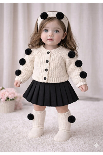 Mihrumay Kız Bebek Ponpon Hırkalı Etekli & Çoraplı 4'lü Takım