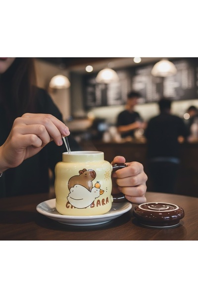 Kuzey Tacı Capybara Themed Ceramic Mug with Lid – Smile Patterned Design and ...