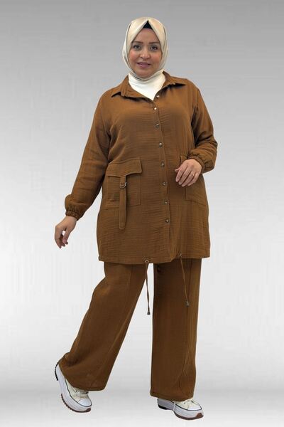 Eslina 67015 Large Size Pockets D Buckle Detail Muslin Trousers Set - Brown