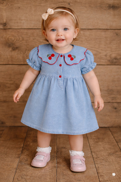 EYMİRGİYİM Cherry Collared Soft Denim Dress Short Sleeve Baby Girl Child 6/9 ...