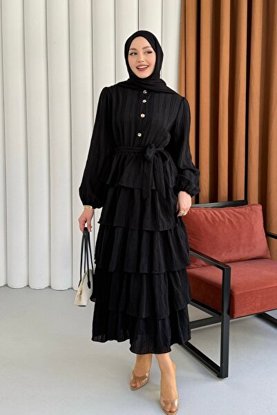 Modaensarbutik Kat Kat Volanlı Yarım Düğmeli Tesettür Elbise-SİYAH