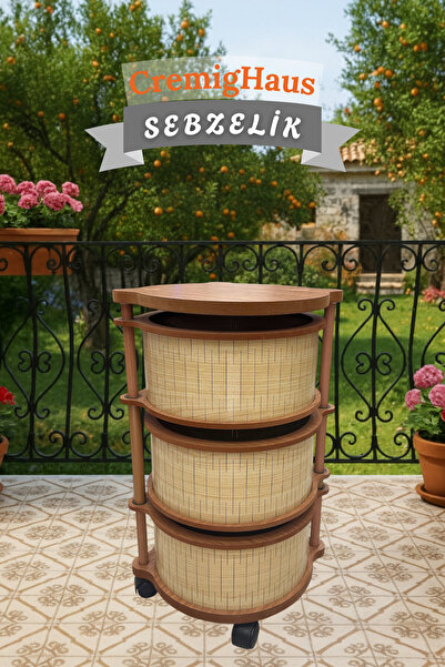 CremigHaus Ahşap Sebzelik Geleneksel Tasarım Yuvarlak Akça Desenli 3 x 5 kg K...