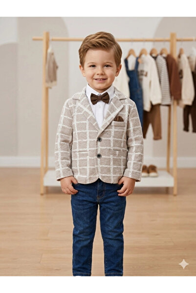 VaVbaby Jachetă blazer bej în carouri pentru băieți, set 3 piese cu papion