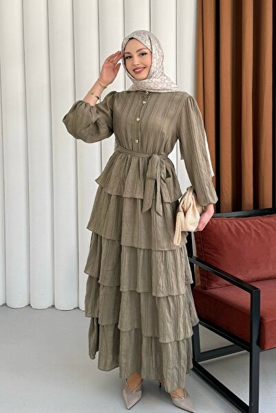 Modaensarbutik Kat Kat Volanlı Yarım Düğmeli Tesettür Elbise-MİNT YEŞİLİ