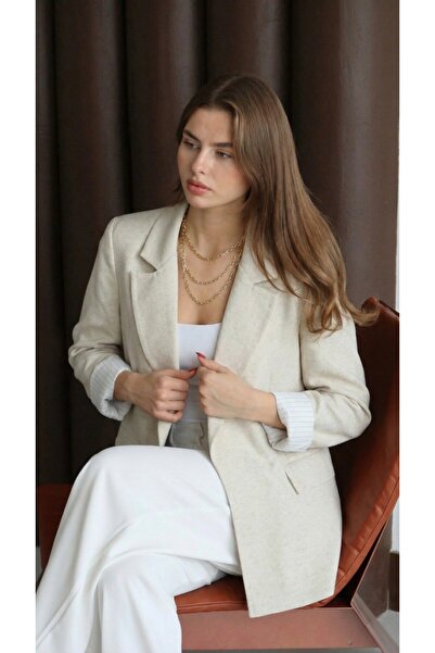 PERA AKSESUAR kadın astarlı keten blazer ceket