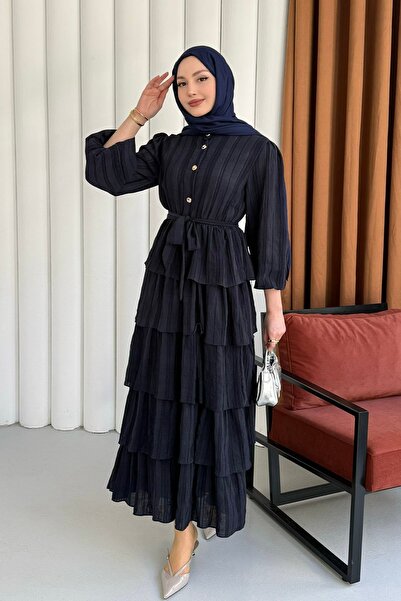 Modaensarbutik Kat Kat Volanlı Yarım Düğmeli Tesettür Elbise-LACİVERT