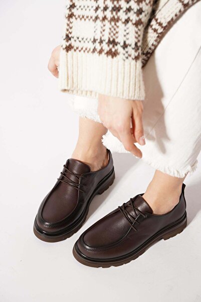 Moda Pie Resel Dikişli Bağlı piele naturală Pantofi de damă din piele maro