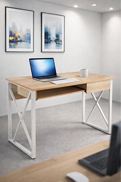 MARIA HOMES Modern Wood Office Desk with White Metal Frame