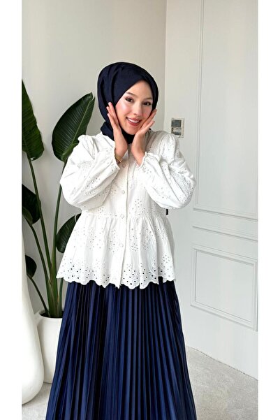 Nes Moda Kolu Lastikli Ajurlu Düğmeli Astarlı Gömlek (Tunik)