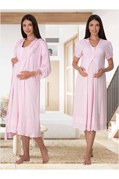 Lohusa Homewear طقم ملابس نوم نسائية وردية اللون للحوامل بأكمام قصيرة أنيقة د...
