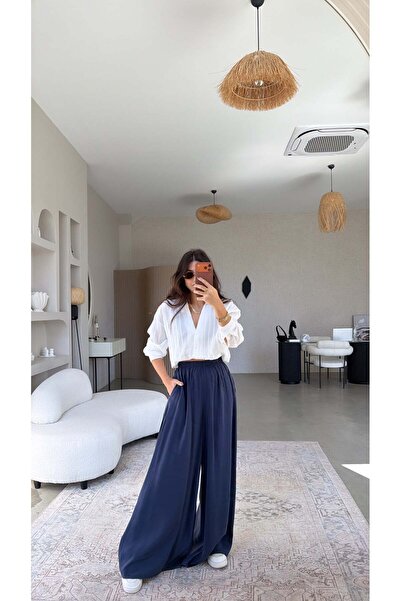 Buket Teke Pantaloni Tensel bleumarin cu croială ultra largă