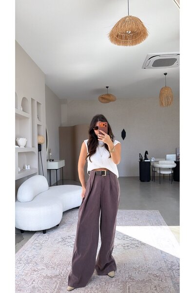 Buket Teke Mürdüm Gizli Belt Compartment Tensel Wide-Leg Pants