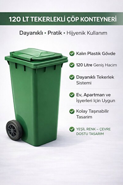 figanlar ambalaj 1 adet 120 Lt Tekerlekli Çöp Konteyneri Yeşil Plastik Çöp Ko...
