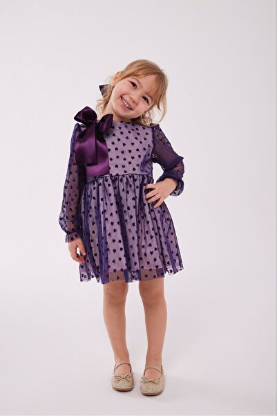 Polente Girl's Heart Detailed Sleeves Tulle Dress