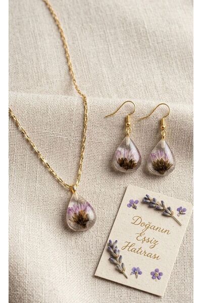Markasız ucuz Gerçek Kurutulmuş Çiçekli Damla Epoksi Kolye ve Küpe Seti – El ...