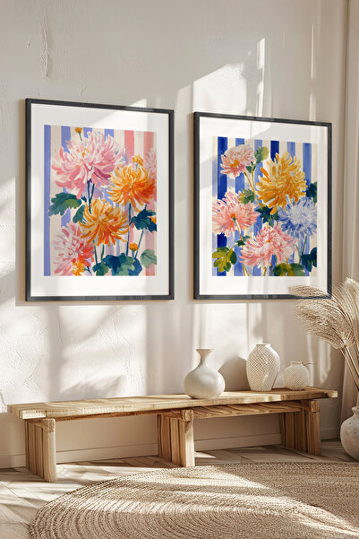 STARYUNA Set de tablouri duble cu ilustrații florale și rame din lemn negru Y...