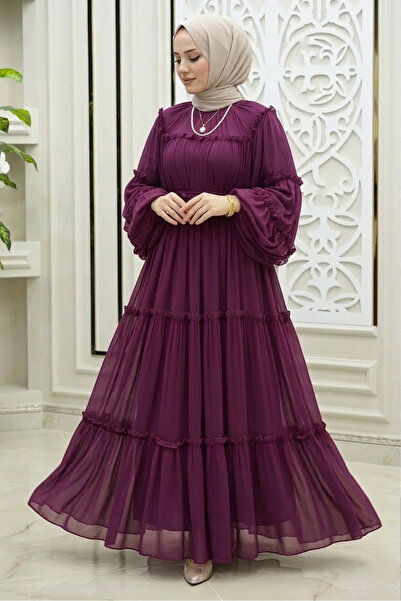 Safgiyim44 Şifon Fırfırlı Elbise - Mürdüm