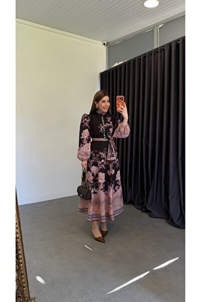 elif teke Button Mini Rose Detailed Lined Dress Black