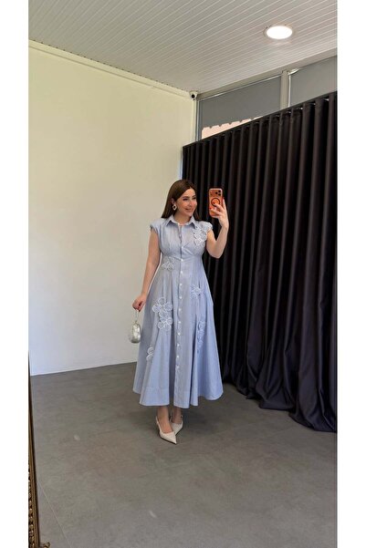 elif teke Padded Shoulders Striped Daisy Shirt Dress Blue