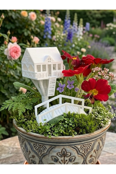 Home Mini Ağaç Ev ve Köprü Saksı Bahçe Süsü