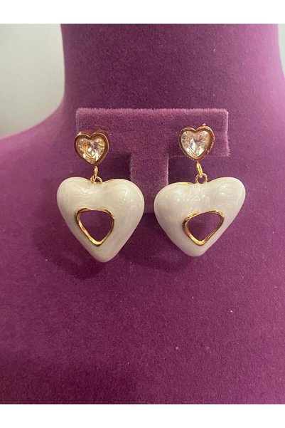 LUXENYA DESİGN 316L Stainless Steel Pearlescent Zircon Stone Heart Model Women's Steel Earrings