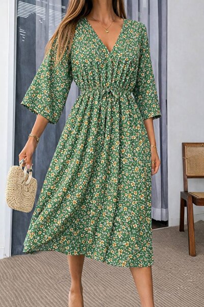 sharin Women's Green Patterned Summer V-Neck Short Sleeve Elastic Waist Below...