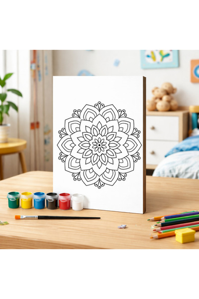 Cemira Mandala Boyanabilir Ahşap Tablo Seti -6'lı Akrilik Boya + Fırça- Tuval...