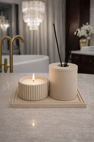Lethe Design Beton Dekoratif Banyo Seti Difüzör Kabı, Soya Mum, Tepsi (KOKU V...
