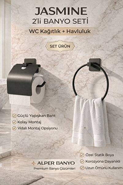 Alper Banyo Jasmin 2'li Siyah Kare Banyo Seti | Kapaklı Kağıtlık, Halka Havlu...