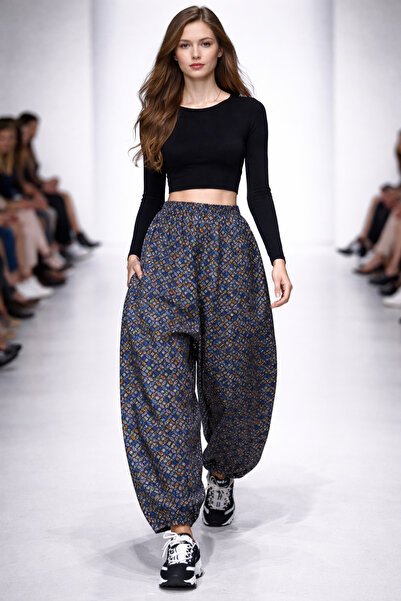 hoaryage Pıtır Çiçekli Pazen Dividin Ağlı Şalvar Pantolon % 100 PAMUK 38 Bede...