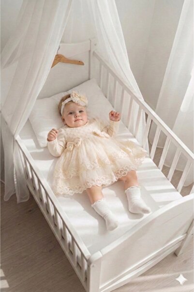 Miniday Baby Kız Bebek Mevlütlük Elbise Yazlık Bandanalı Dantelli Yeni doğan ...