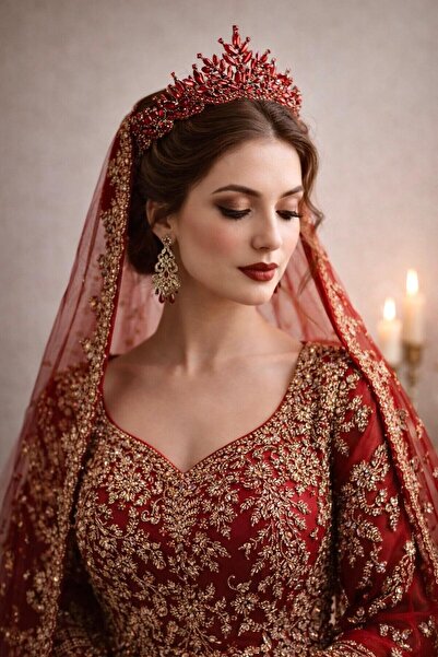 Milena Collection Kırmızı Taşlı Kına Tacı – Nişan/Kına Gelin Saç Aksesuarı