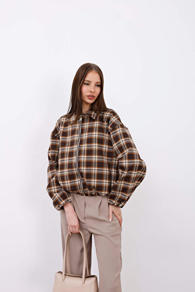 HOPE AND ME “Kadın Ekose Fermuarlı Bomber Bordo Ceket