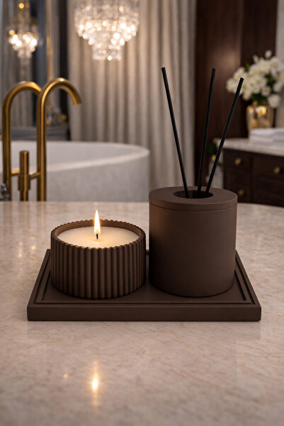Lethe Design Beton Dekoratif Banyo Seti Difüzör Kabı, Soya Mum, Tepsi (KOKU V...