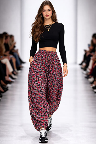 hoaryage Pıtır Çiçekli Pazen Dividin Ağlı Şalvar Pantolon % 100 PAMUK 38 Bede...