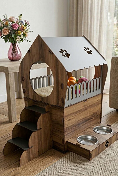 Missidea Dekoratif Teraslı Kedi Evi ve Mama Kabı Seti