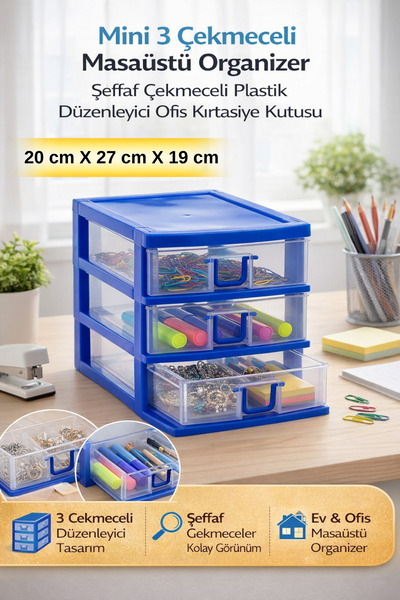 Hane Dostu Mini 3 Çekmeceli Masaüstü Organizer Şeffaf Çekmeceli Plastik Düzen...