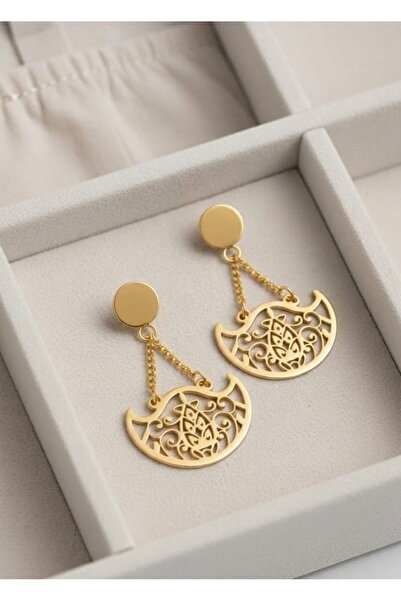 Çelik Otantik Esinti: Lazer Kesim Gold Etnik Motifli Küpe