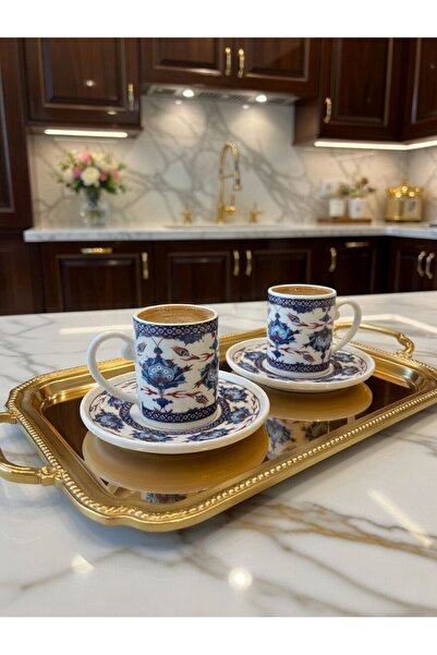 evinbizden KLASİK LALE ÇİNİ DESENLİ 2 KİŞİLİK KAHVE FİNCAN SETİ 4 PARÇA PORSELEN