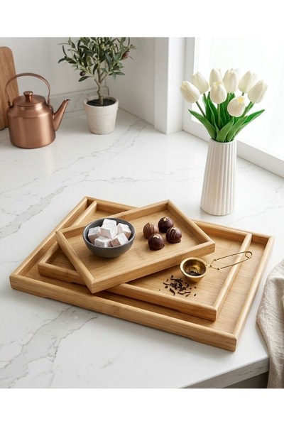 PABLITO HOME Bambu Sunumluk -Toronto Bambu 3'lü Ahşap Tepsi 30*35*40 cm