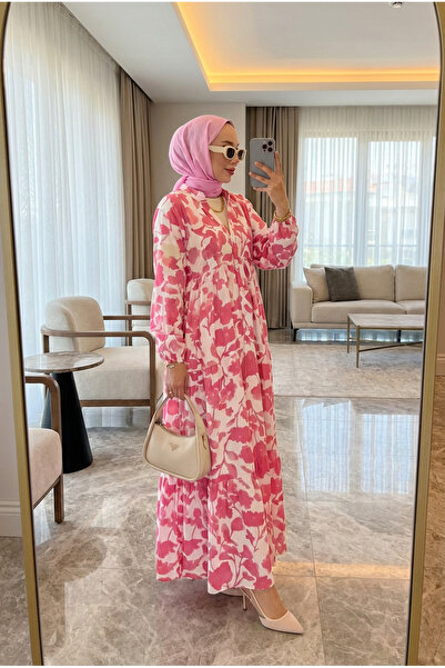 Kirazca Butik Γυναικείο μακρύ καλοκαιρινό φόρεμα χιτζάμπ Με φλοράλ μοτίβο στρ...