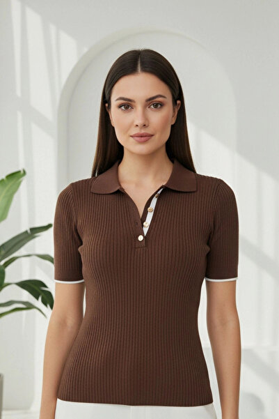 Bİ.GİYSEN Women's coffee-colored polo neck button-down knit blouse